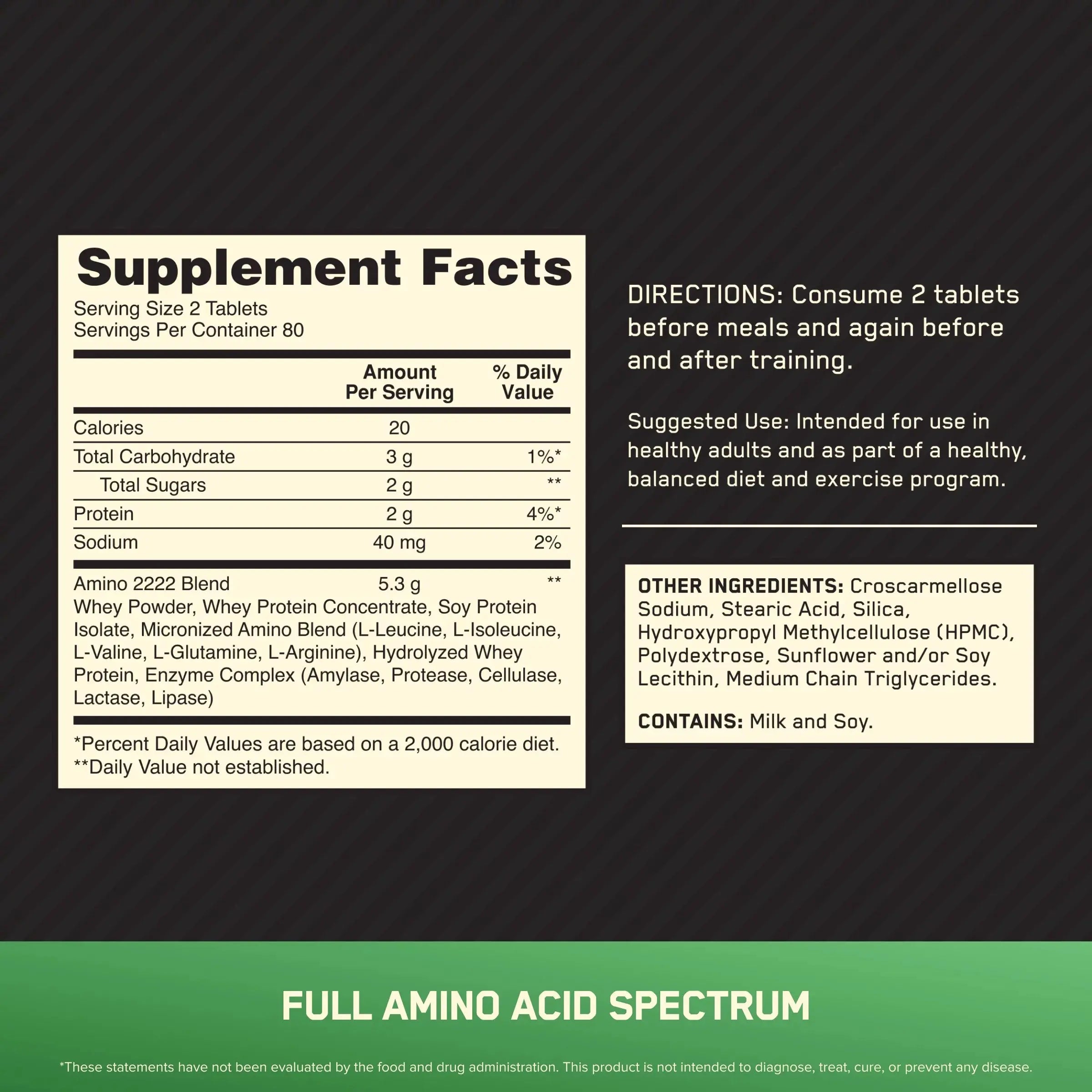 Supplement label with facts and directions on a black background