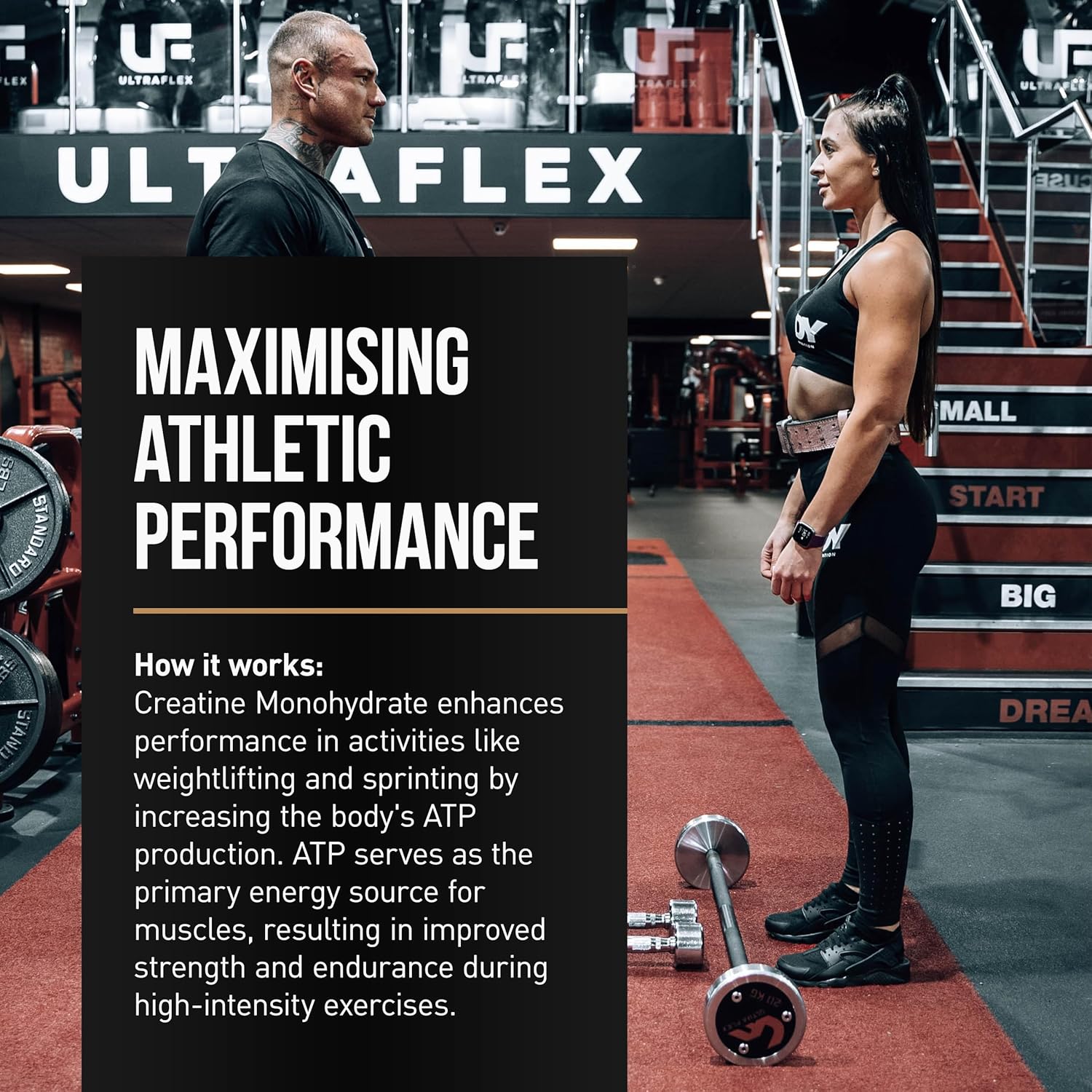 Person in a gym setting with promotional text about athletic performance and creatine monohydrate.