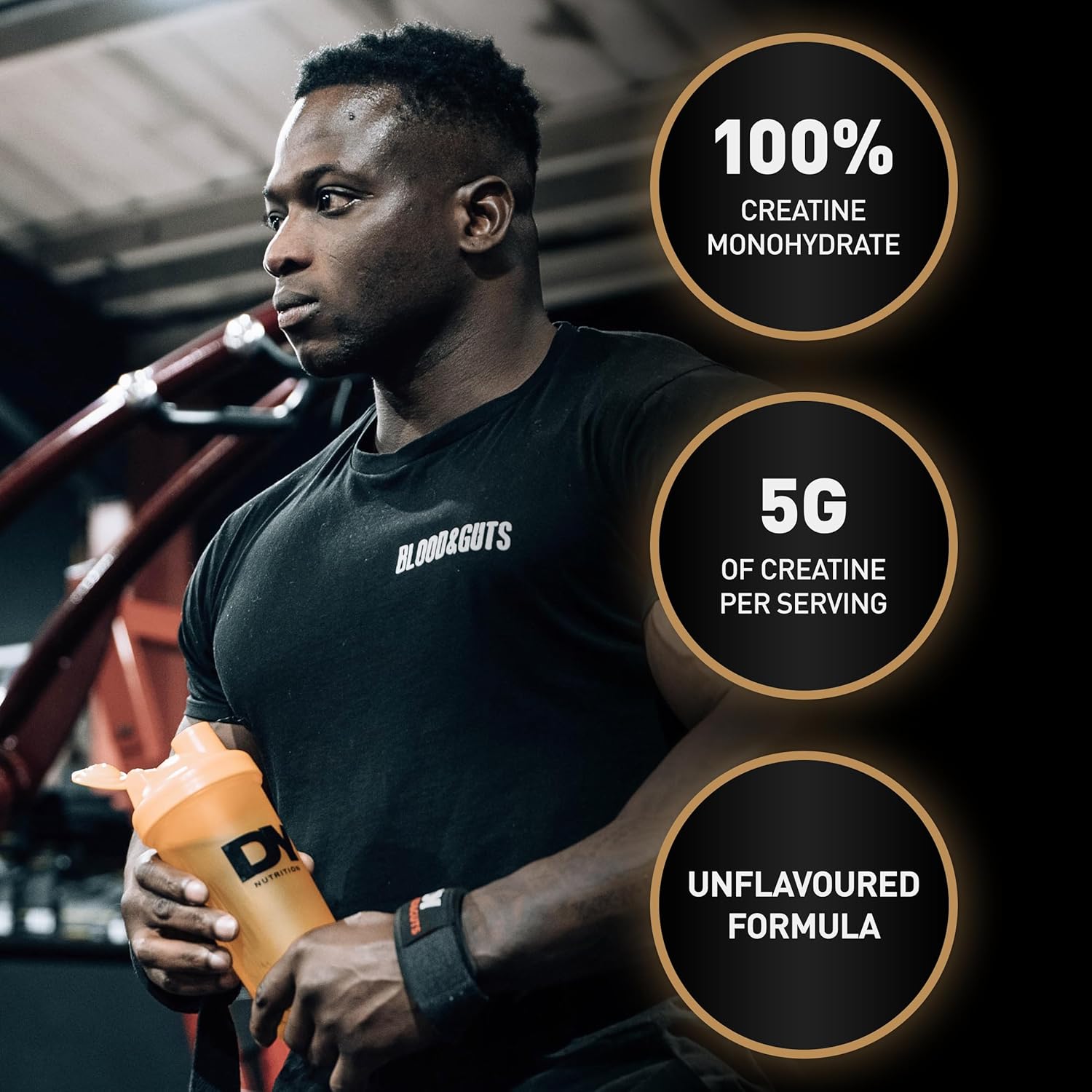 Man holding a supplement container with product details on a dark background for dy creatine 