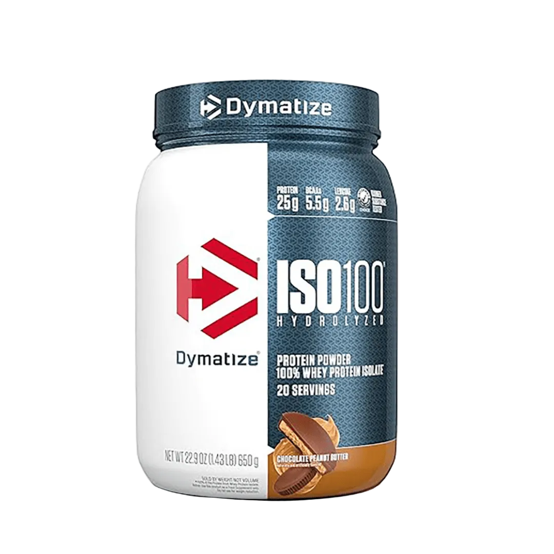 Dymatize ISO 100 protein powder container on a transparent background chocolate peanut butter 20 servings 