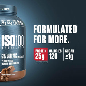 Whey protein supplement bottle with nutritional information on a dark background