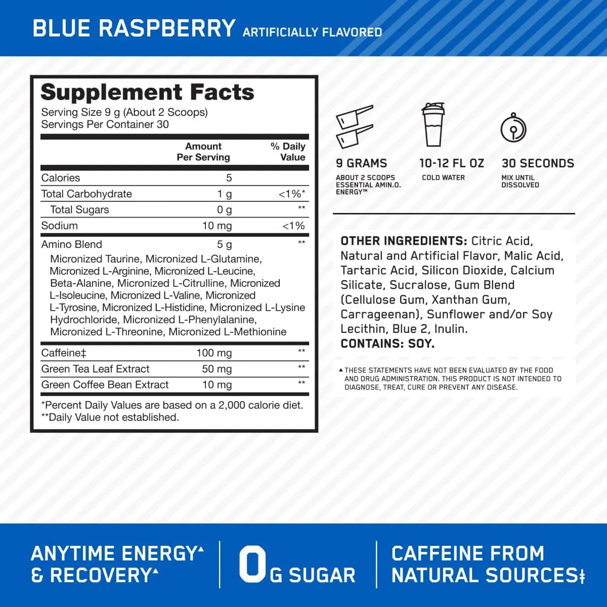 Supplement facts label for blue raspberry flavor with serving size, calories, and ingredients listed.