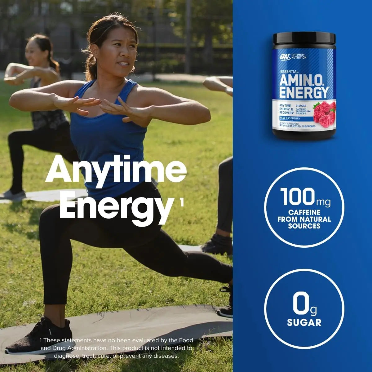Woman exercising outdoors with a supplement container labeled 'Amino Energy' on a blue background.