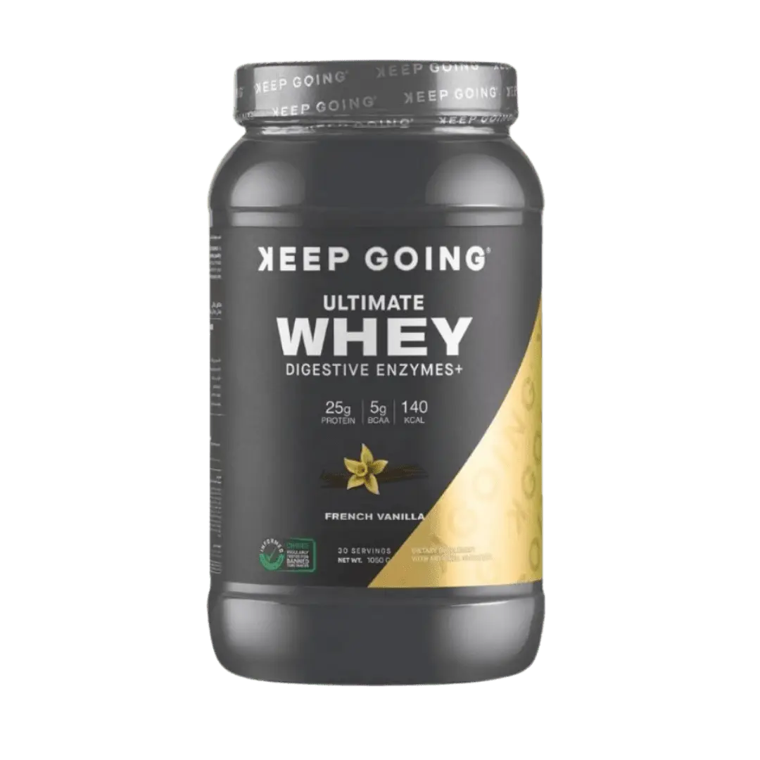 KEEP GOING ULTIMATE WHEY DIGESTIVE ENZYMES+ 25g Protein, French Vanilla / 1kg/30 Servings - KleanSource