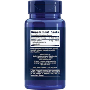 life extension zinc cap 50mg 90 capsules back of pack