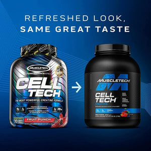 Two versions of a Muscletech Cell Tech supplement container on a blue background with text 'Refreshed look, same great taste'.
