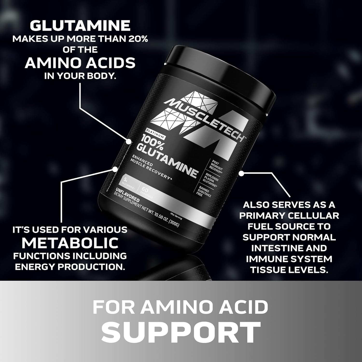 Black supplement container labeled 'MuscleTech 100% Glutamine' with text about glutamine on a dark background.