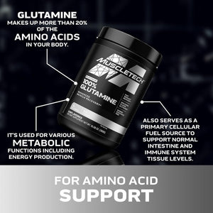 Black supplement container labeled 'MuscleTech 100% Glutamine' with text about glutamine on a dark background.