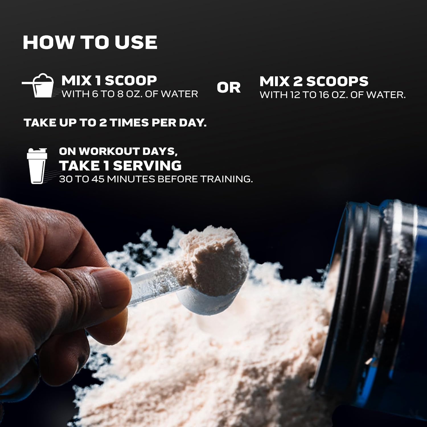 Hand holding a scoop of creatine powder with usage instructions on a black background 