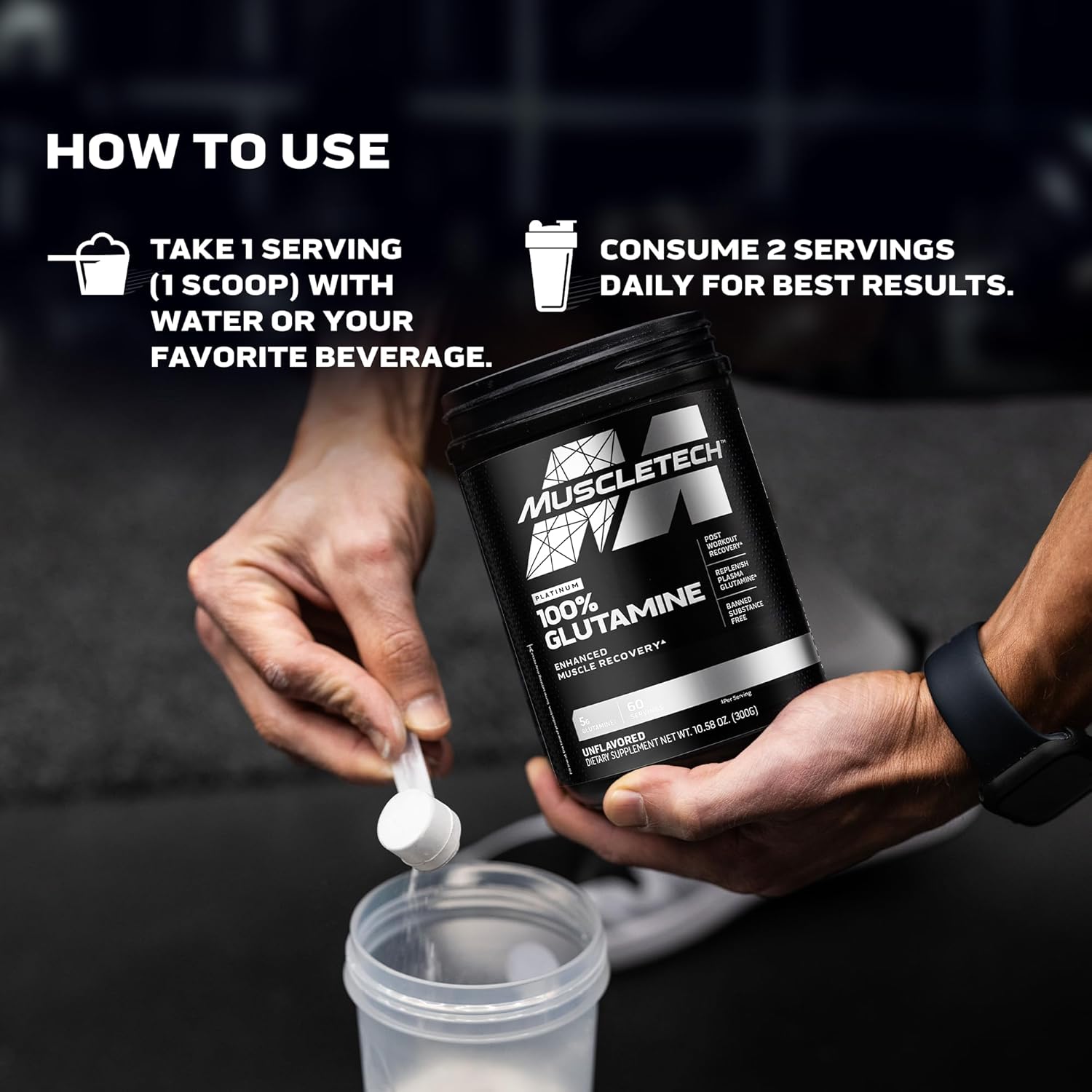 Person using a Muscletech glutamine supplement with instructions on how to use it.