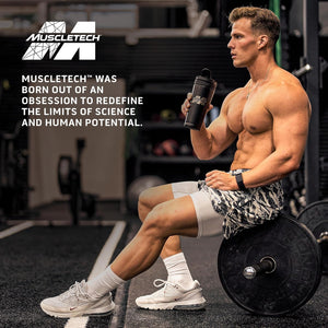Musclebuilder holding a shaker bottle with Muscletech branding and text about the brand's mission.