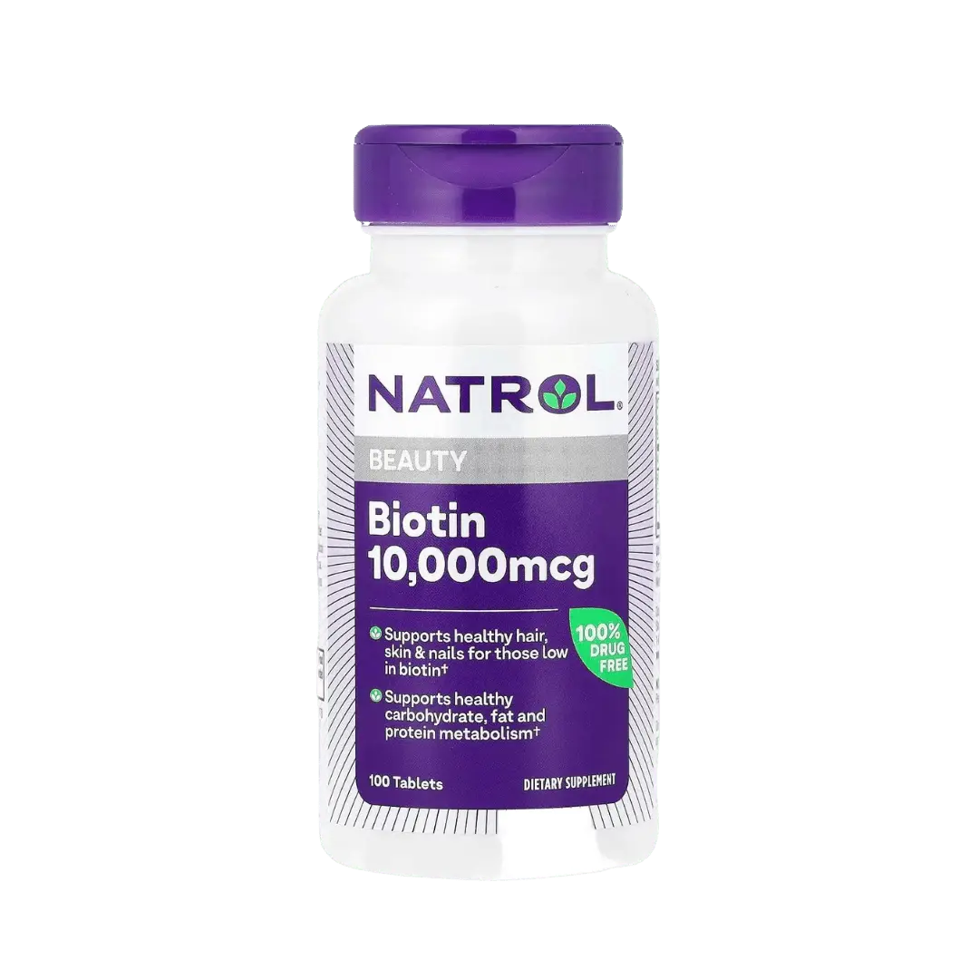 Natrol Biotin 10,000mcg+ 66mg Calcium, supports healthy hair, skin and Nails (100 tablets) - KleanSource