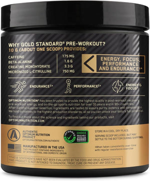 Gold Standard pre-workout supplement container with black and gold design