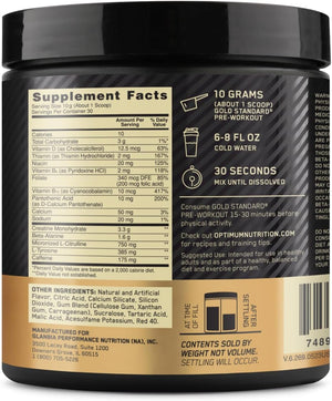 Supplement container with label showing supplement facts and ingredients. Optimum Nutrition Gold Standard Pre-Workout with Creatine, 30 servings fruit punch