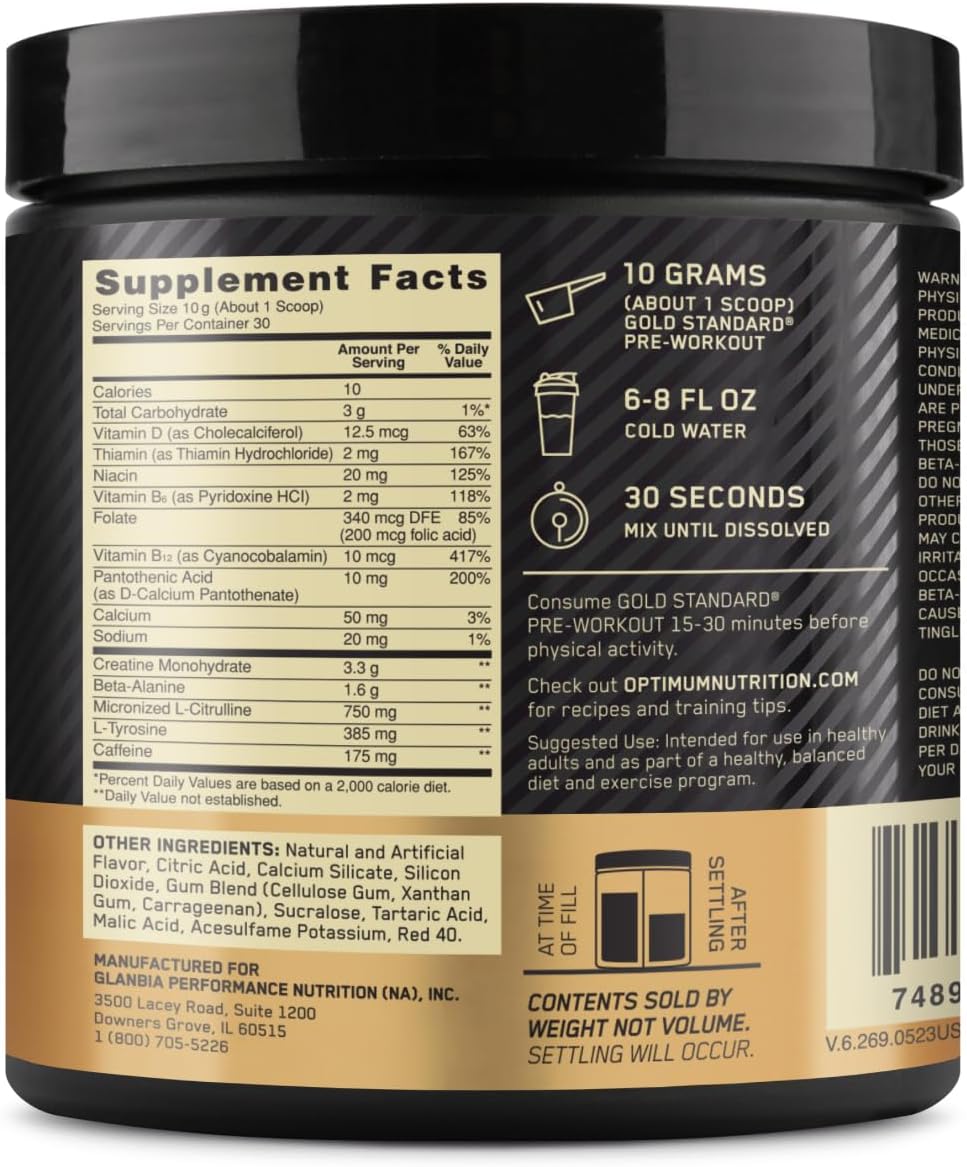 Supplement container with label showing supplement facts and ingredients. Optimum Nutrition Gold Standard Pre-Workout with Creatine, 30 servings fruit punch